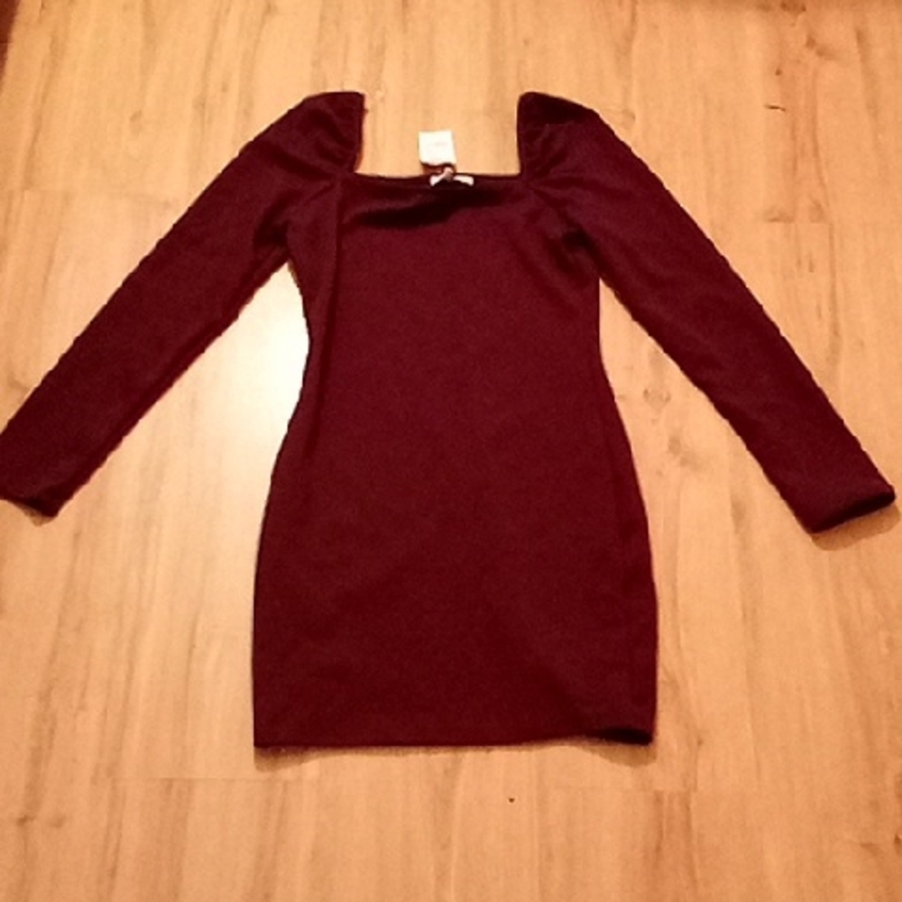 Charlotte Russe Red Bodycon Dress with Square Neck and Puff Sleeves